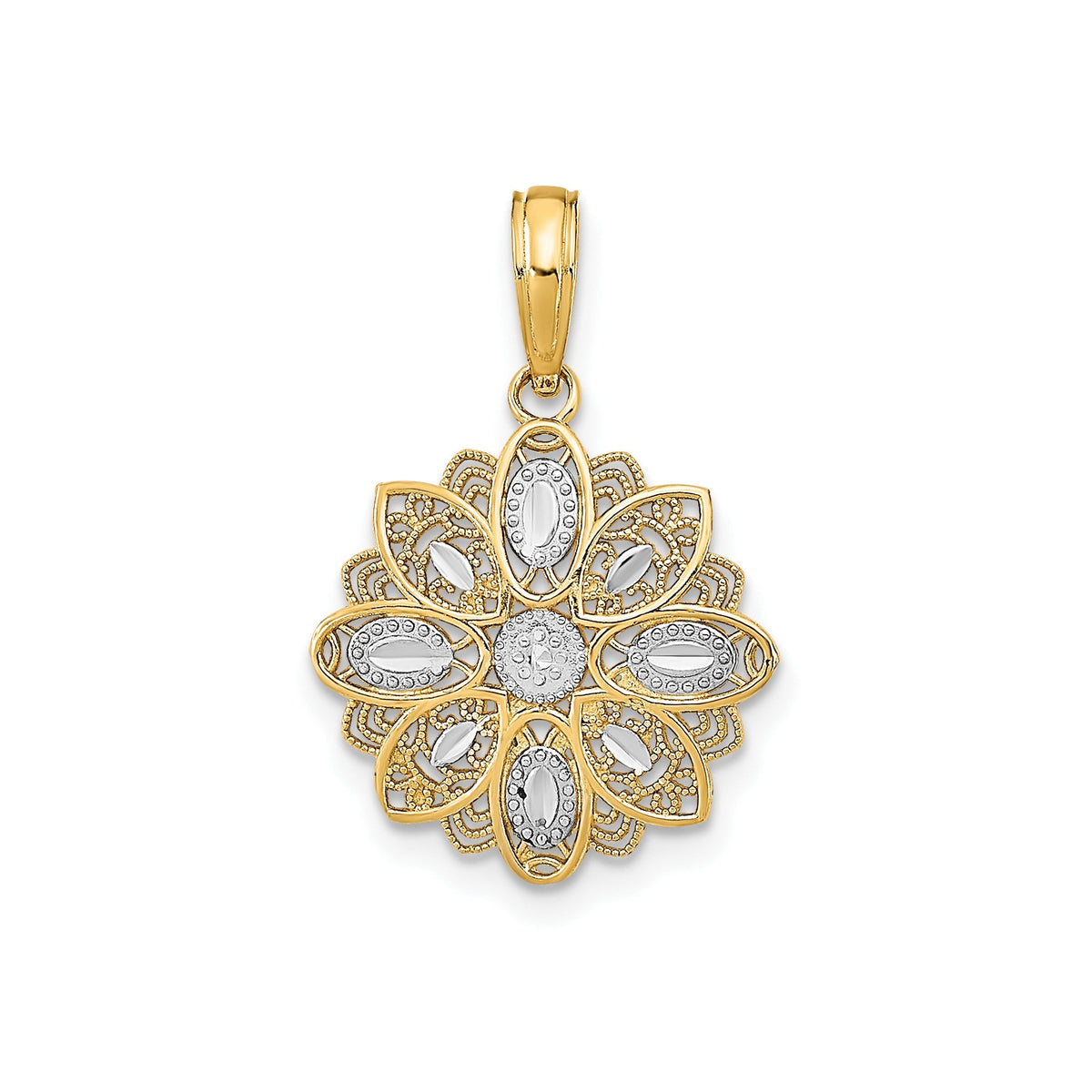 10K Yellow Gold and Rhodium Filigree Flower Pendant Charm, 16mm, Two - Tone - JewelryAffairs