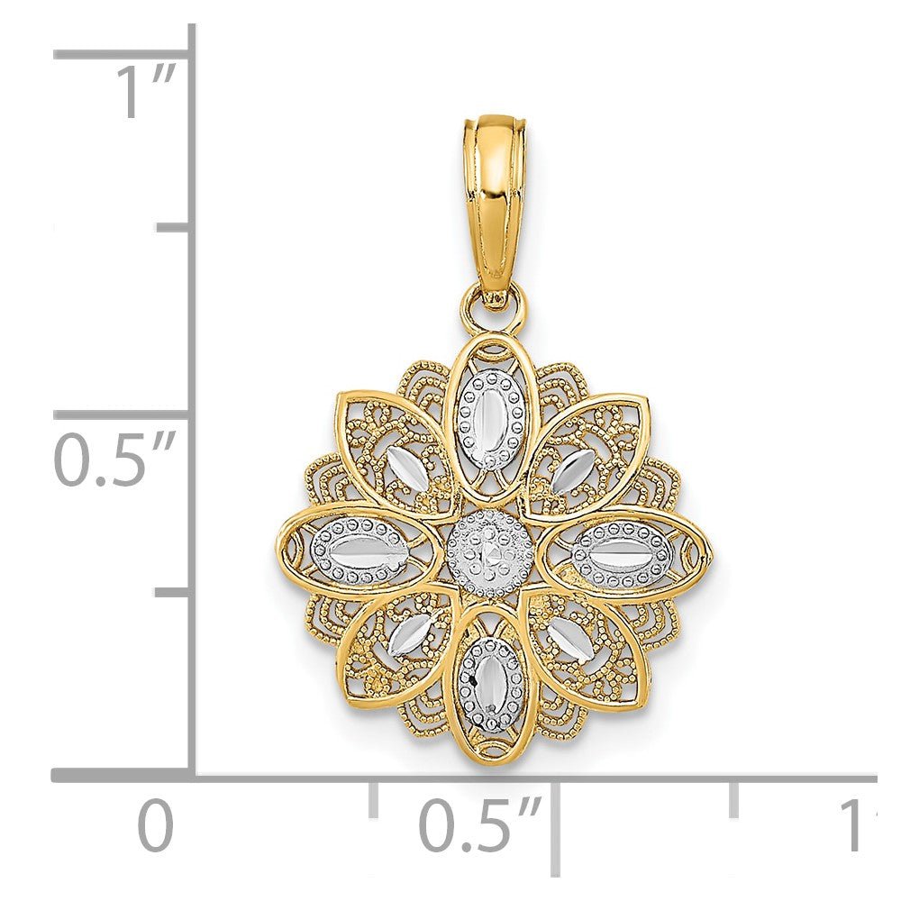 10K Yellow Gold and Rhodium Filigree Flower Pendant Charm, 16mm, Two - Tone - JewelryAffairs