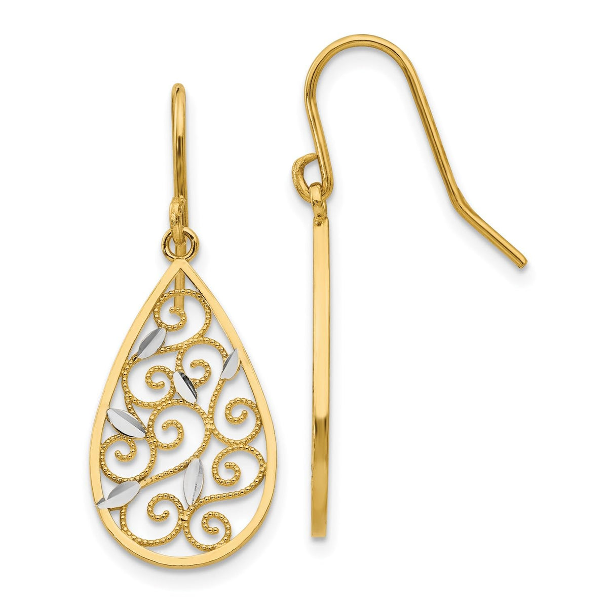 10K Yellow Gold Diamond - Cut Filigree Tear Drop Wire Earrings - JewelryAffairs