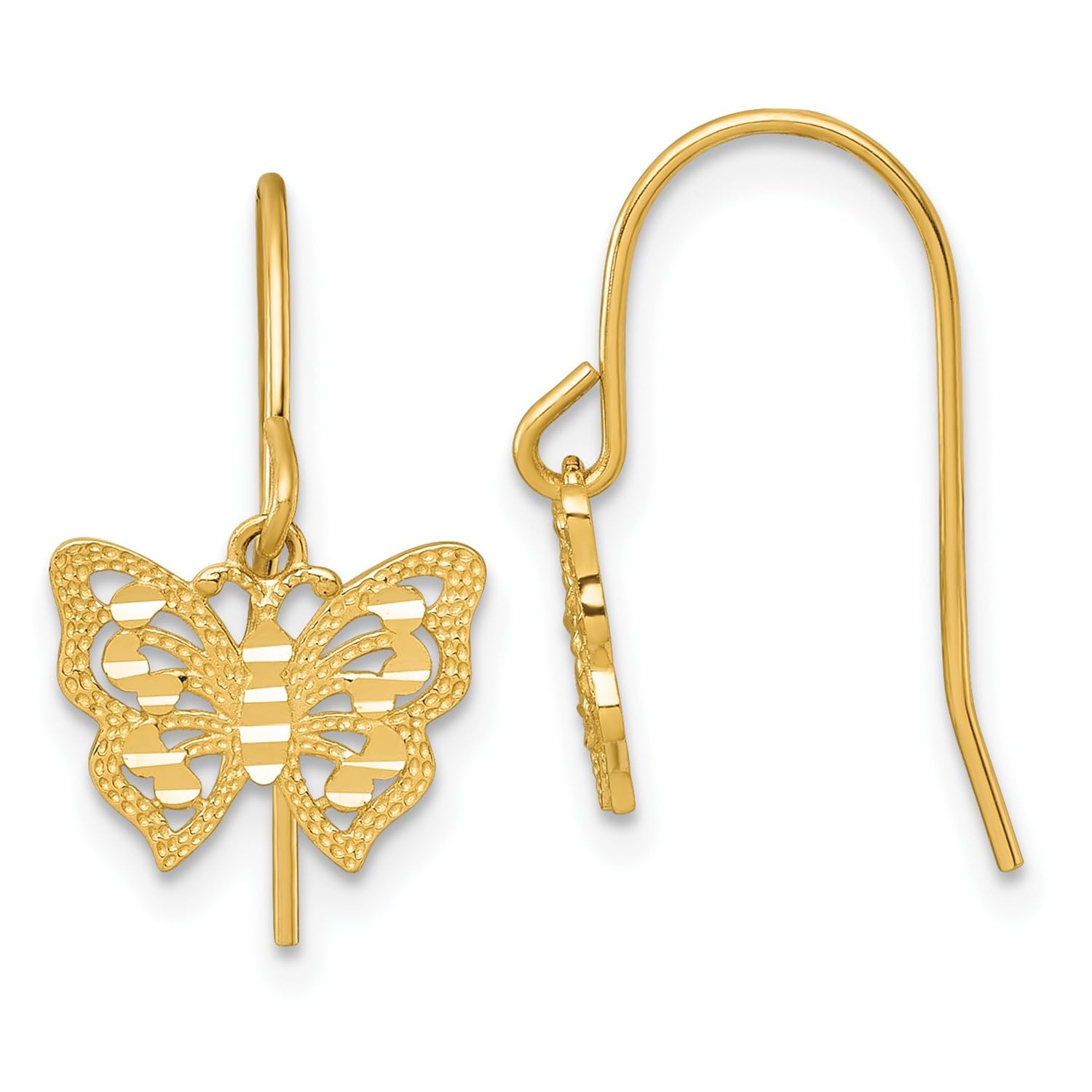 10k Yellow Gold High Polish Diamond Cut Dangle Butterfly Drop Earrings - JewelryAffairs