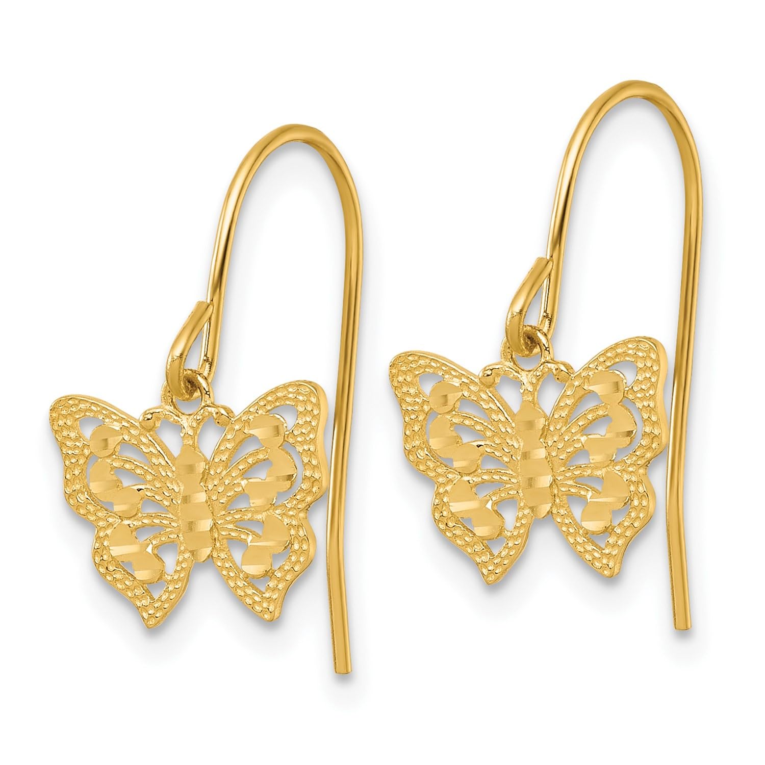 10k Yellow Gold High Polish Diamond Cut Dangle Butterfly Drop Earrings - JewelryAffairs