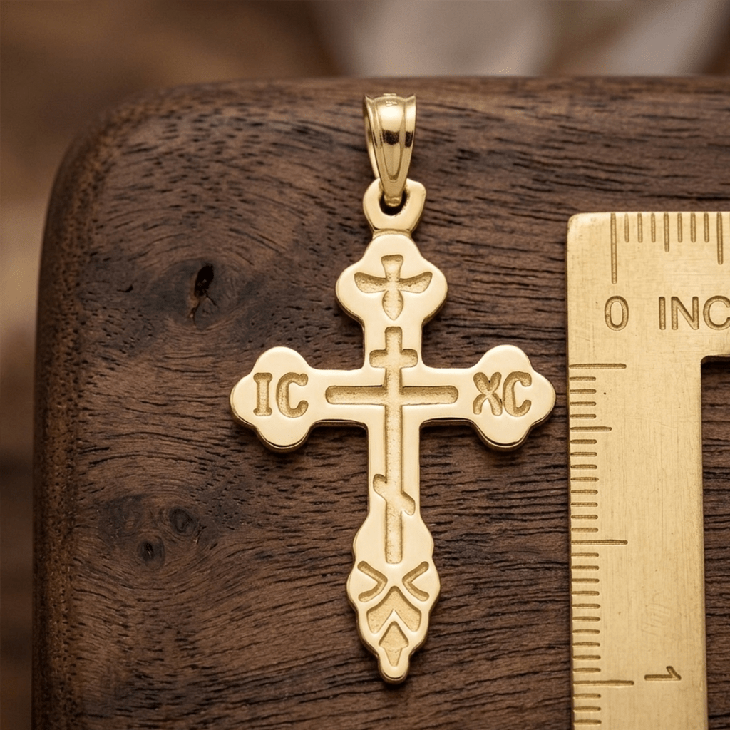 10K Yellow Gold Russian Eastern Orthodox Cross Crucifix Pendant Charm, 30x17mm - JewelryAffairs