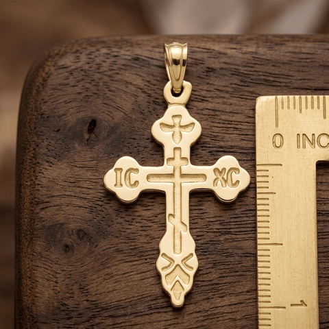 10K Yellow Gold Russian Eastern Orthodox Cross Crucifix Pendant Charm, 30x17mm