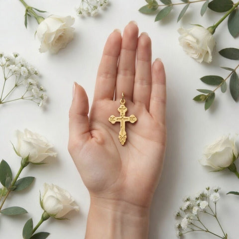 10K Yellow Gold Russian Eastern Orthodox Cross Crucifix Pendant Charm, 30x17mm