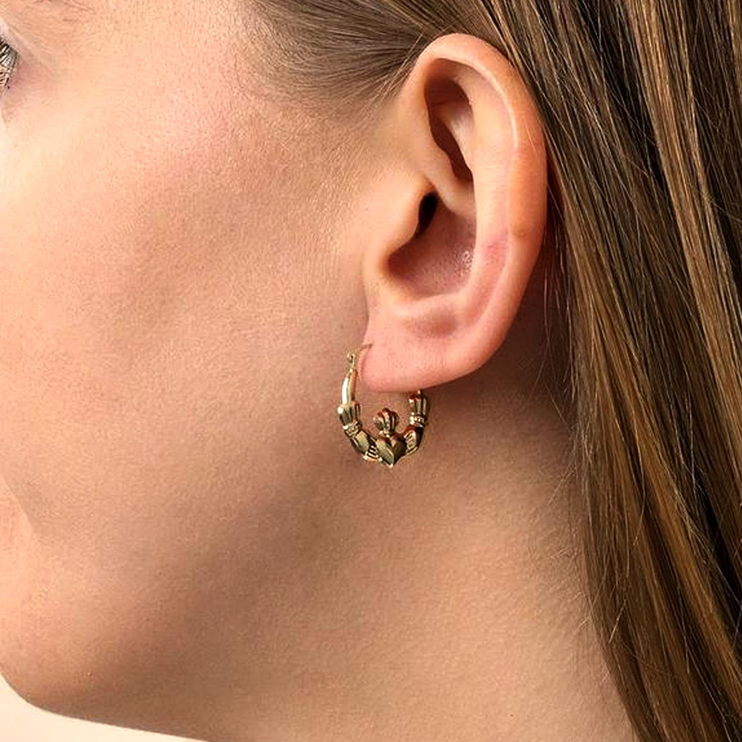10k Yellow Gold Shiny Claddagh Design Hoop Earrings, Diameter 15mm - JewelryAffairs