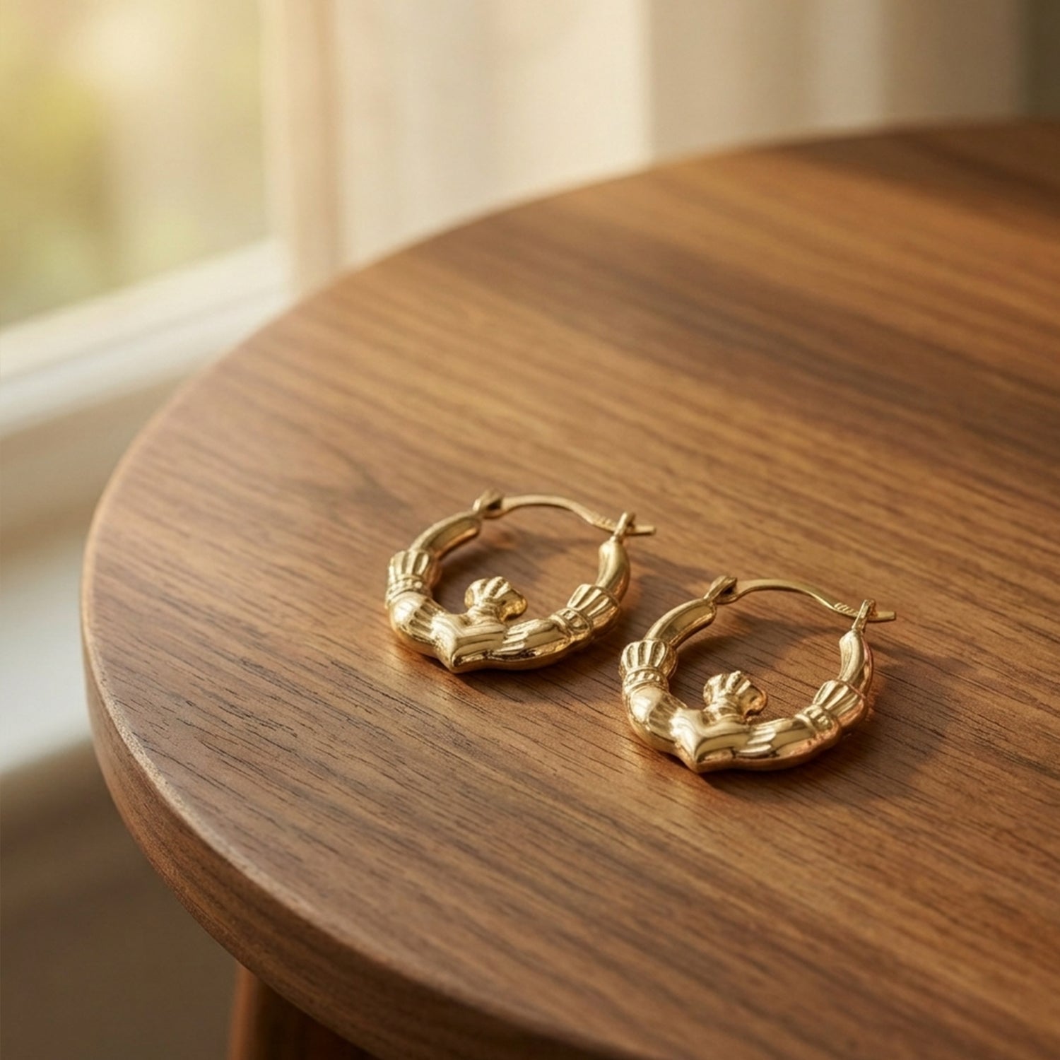 10k Yellow Gold Shiny Claddagh Design Hoop Earrings, Diameter 15mm - JewelryAffairs