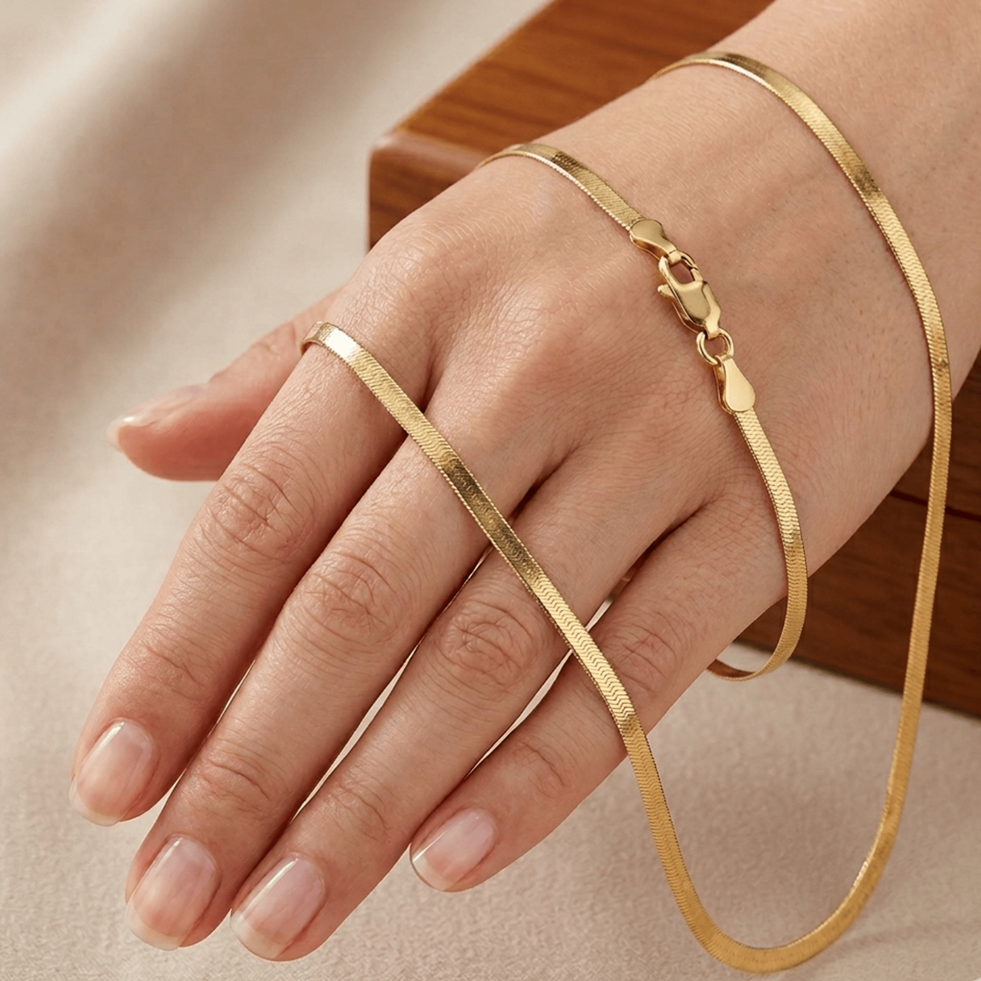 10k Yellow Solid Gold Imperial Herringbone Chain Necklace, 3.8mm - JewelryAffairs