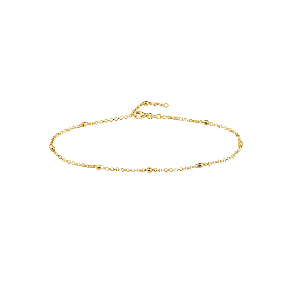 14k Yellow Gold Bead Station Rolo Chain Adjustable Anklet, 10"