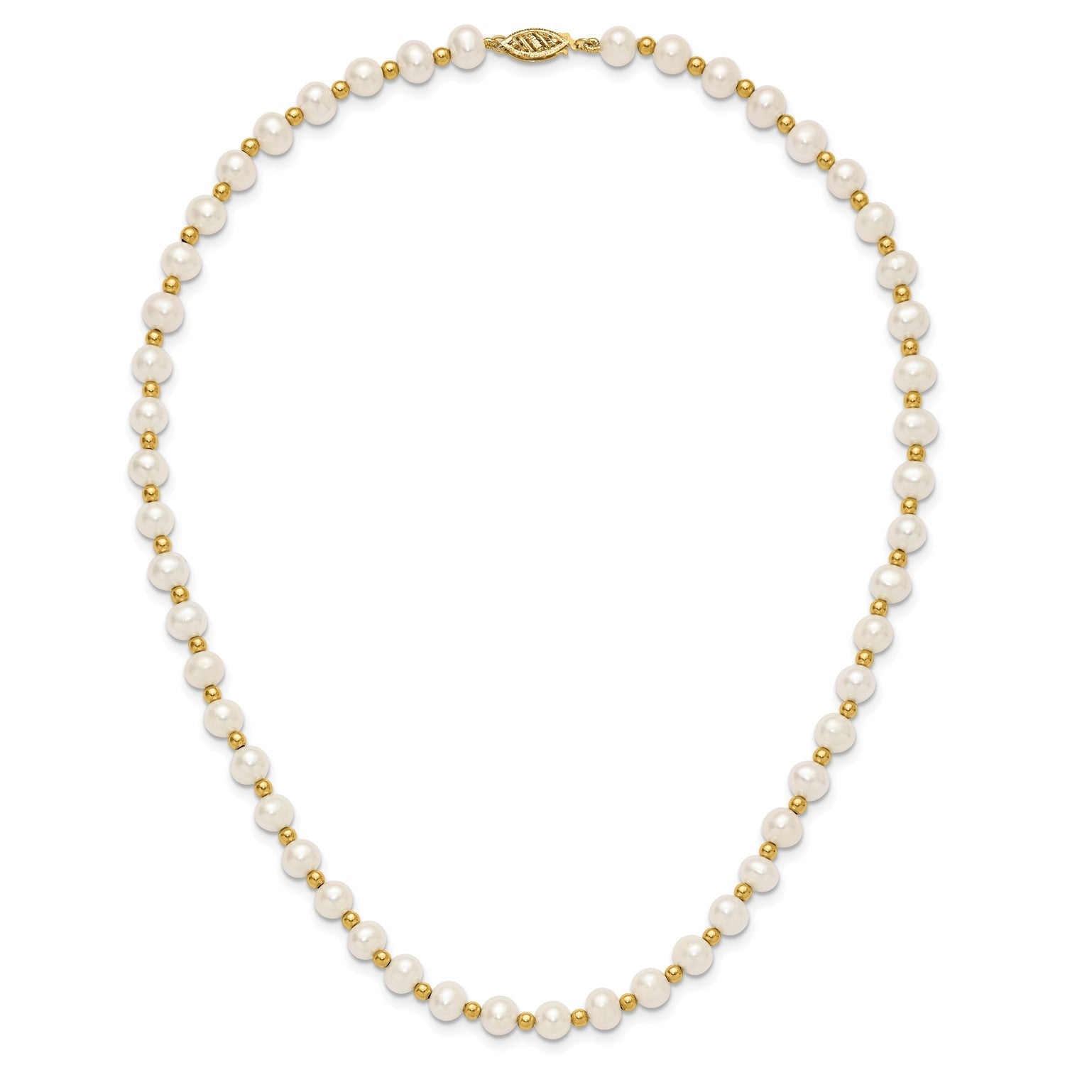 14K Real Yellow Gold 6-7mm White Near Round FW Cultured Pearl Bead Necklace