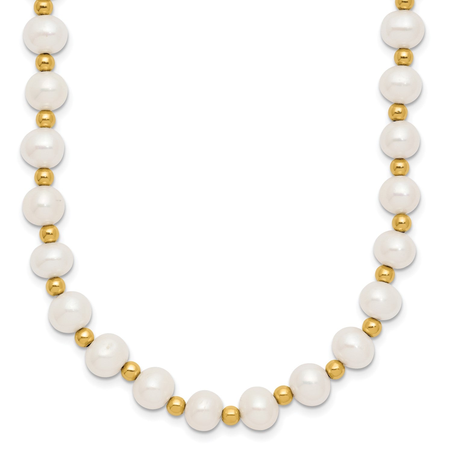 14K Real Yellow Gold 6-7mm White Near Round FW Cultured Pearl Bead Necklace