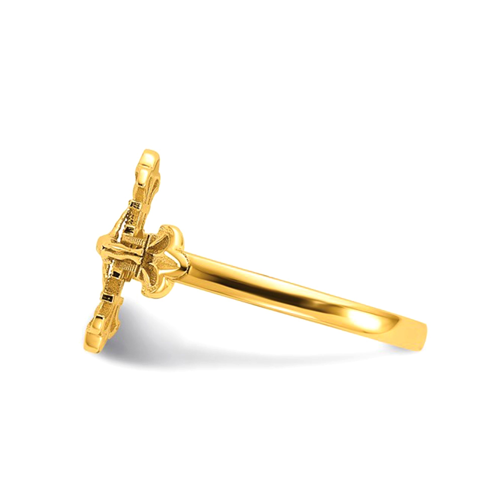 14K Real Yellow Gold Diamond Cut Crucifix Ring, Size 7