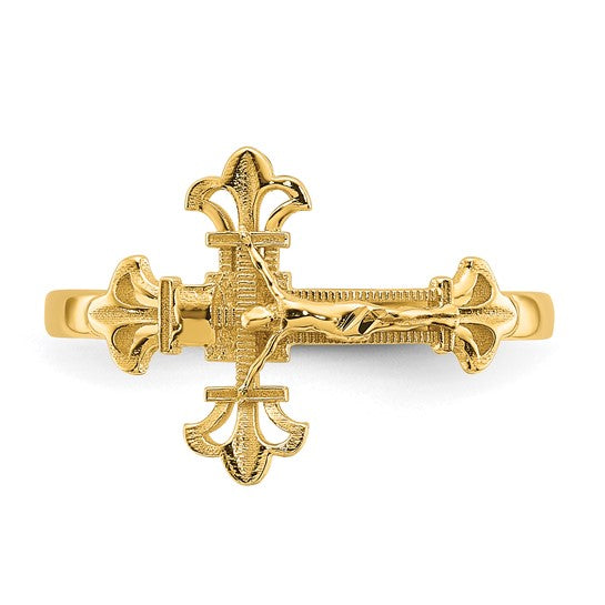 14K Real Yellow Gold Diamond Cut Crucifix Ring, Size 7