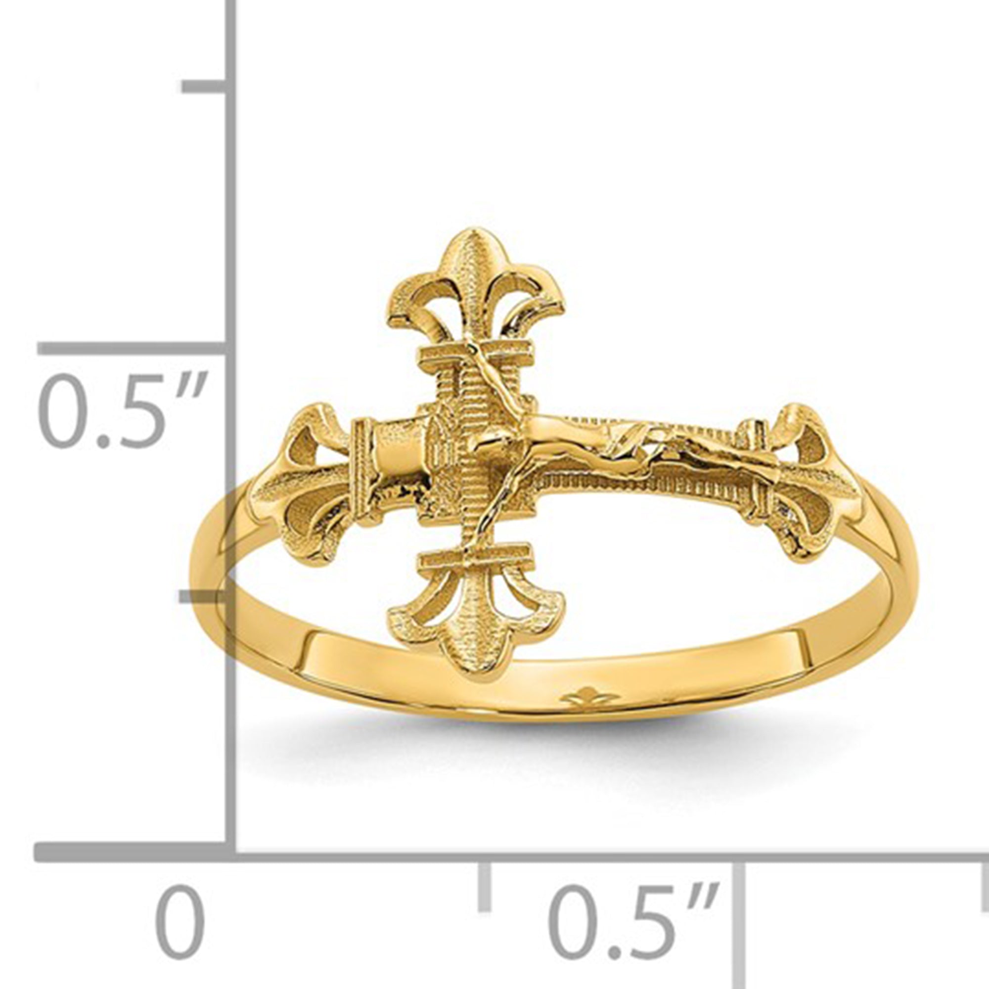 14K Real Yellow Gold Diamond Cut Crucifix Ring, Size 7