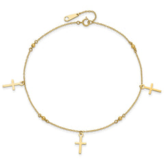 14k Real Yellow Gold High Polished and Diamond-cut Cross Anklet, 9 to 11 Adjustable