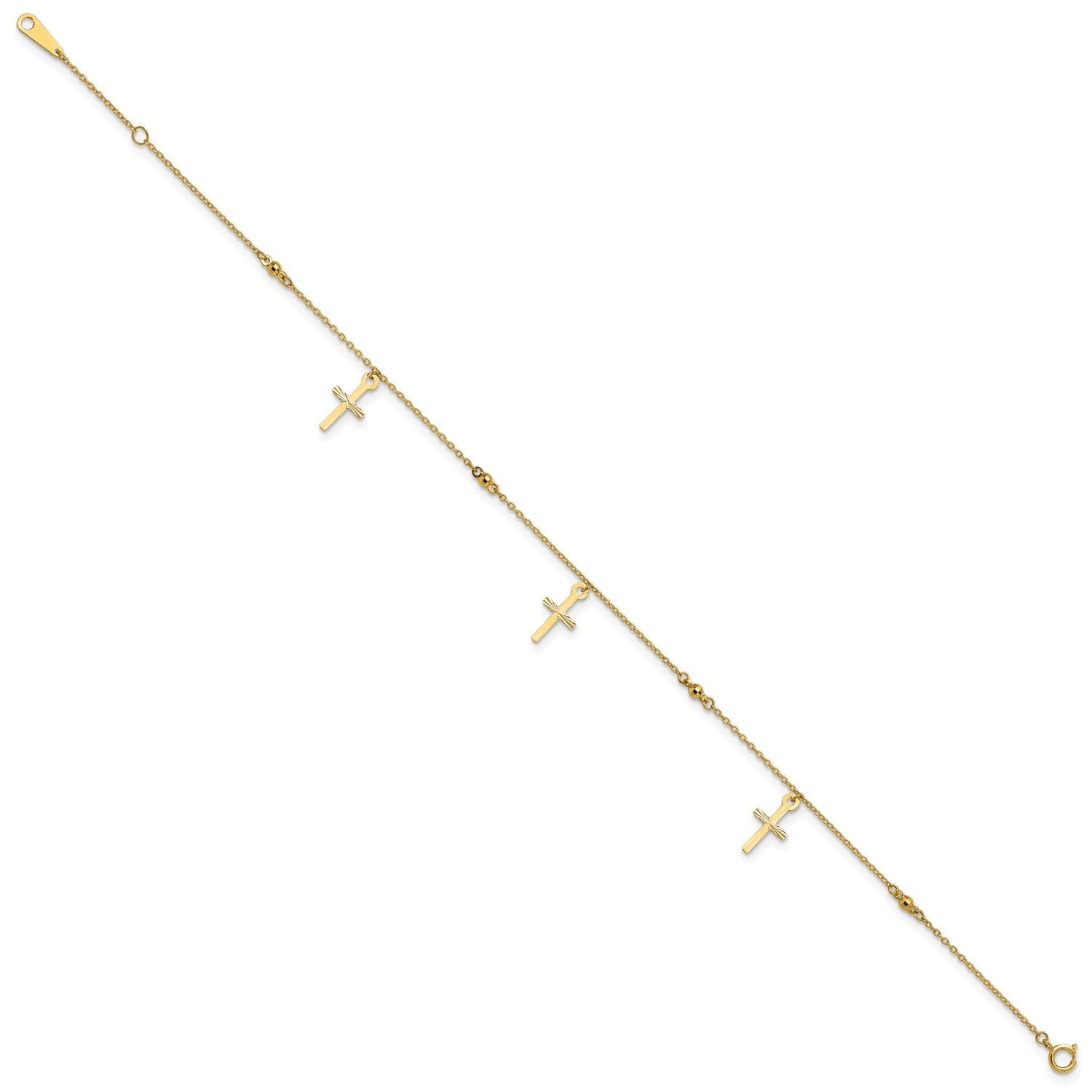 14k Real Yellow Gold High Polished and Diamond-cut Cross Anklet, 9 to 11 Adjustable