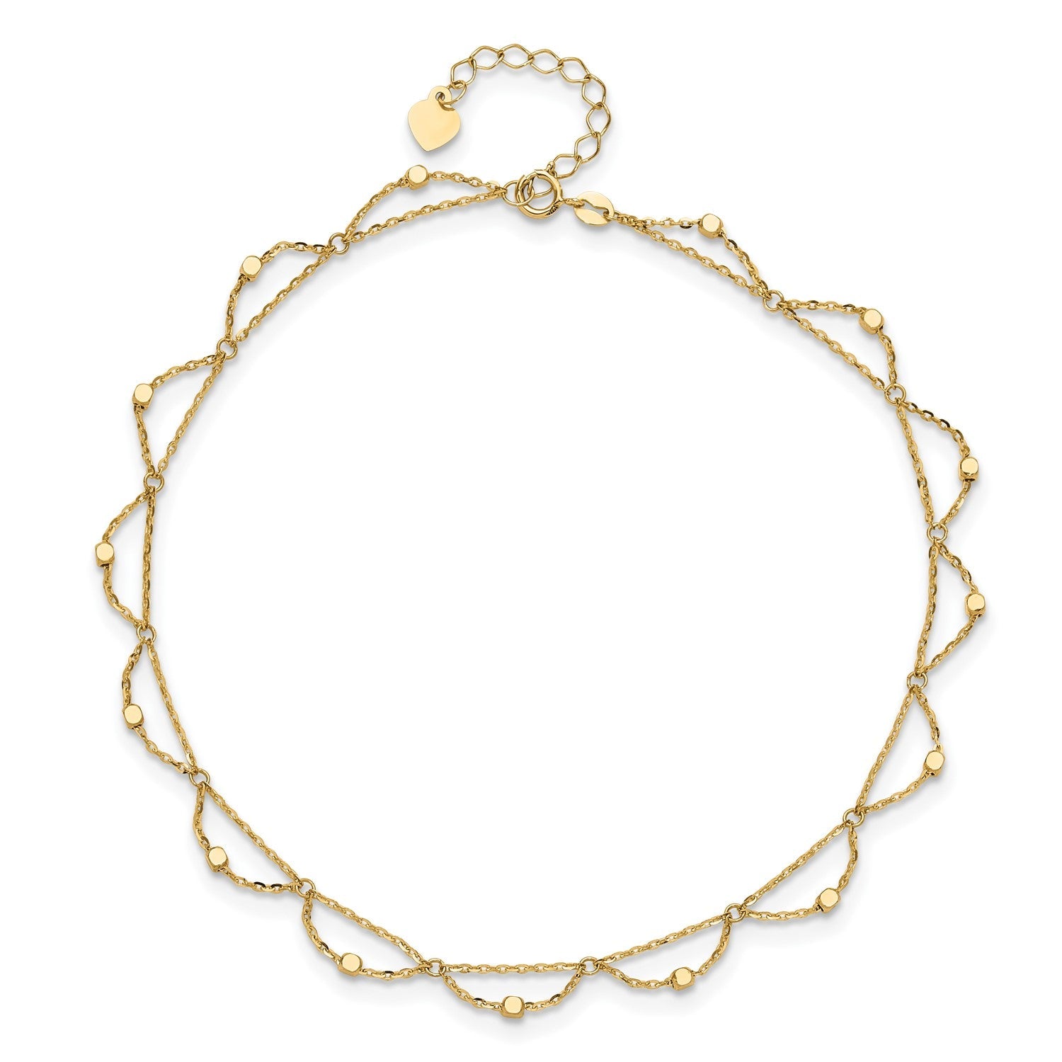14k Real Yellow Gold High Polished and Diamond-cut Fancy Anklet, 10 Adjustable to 11.5