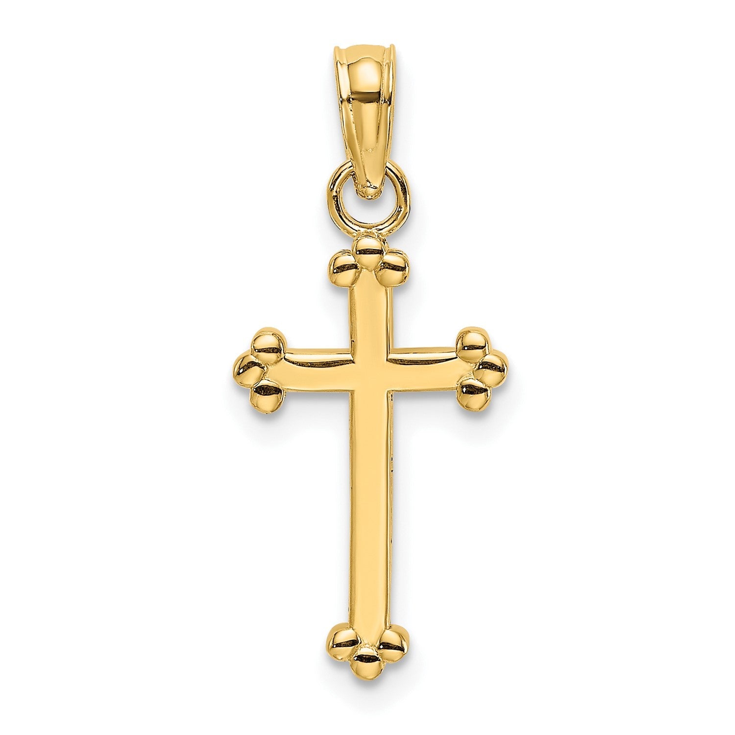 14k Real Yellow Gold High Polished Beaded Cross Pendant, 15x8mm