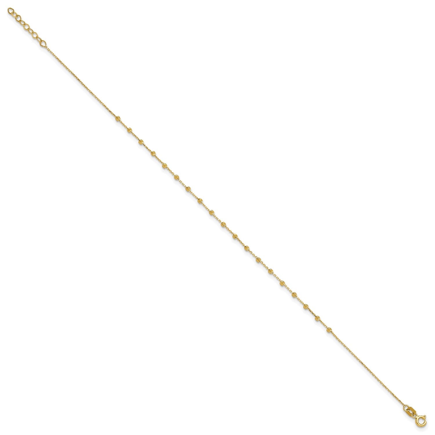 14k Yellow Gold Diamond-cut Beaded Charm Adjustable Anklet, 9 to 9.75 Inches