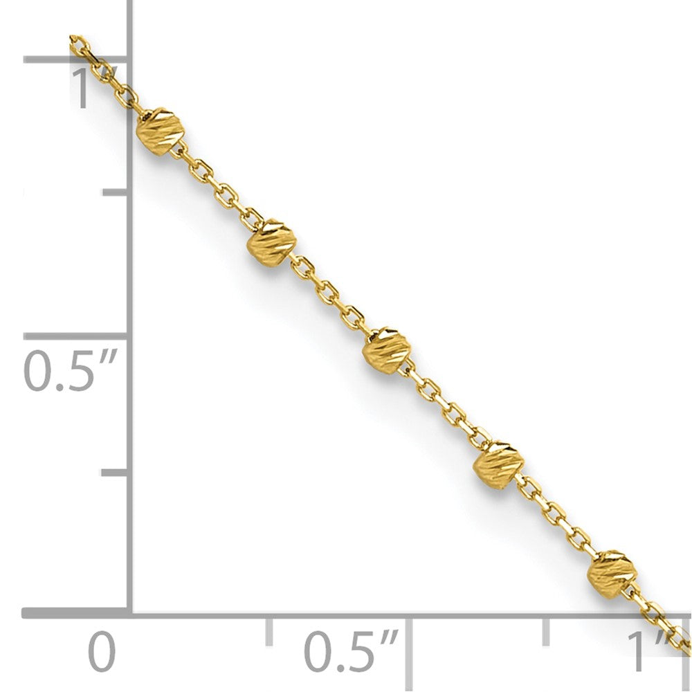 14k Yellow Gold Diamond-cut Beaded Charm Adjustable Anklet, 9 to 9.75 Inches