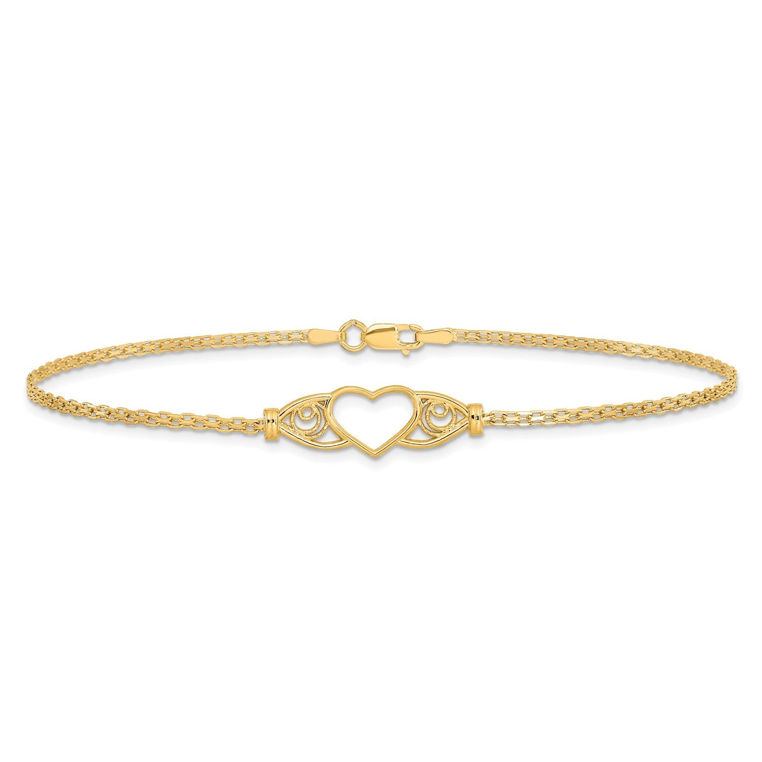 14k Real Yellow Gold High Polished Heart Charm Anklet, 10