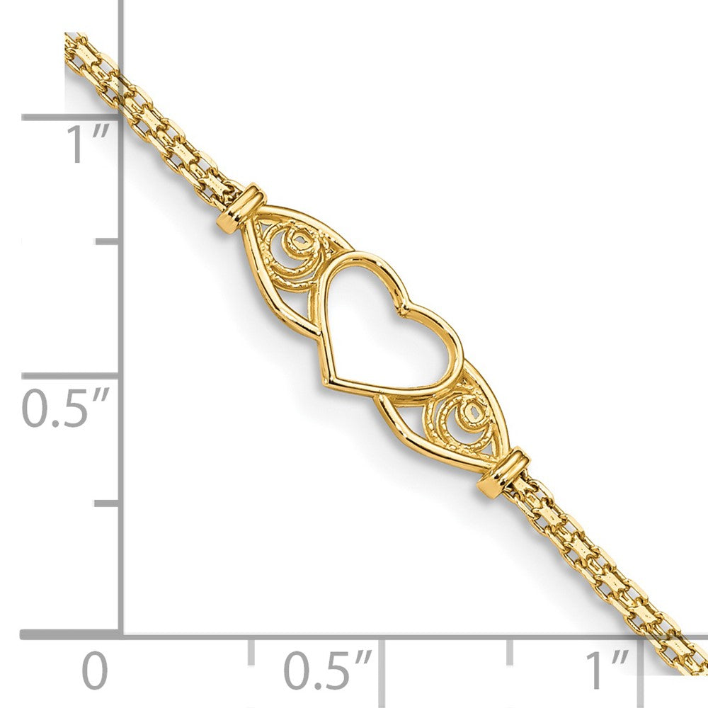 14k Real Yellow Gold High Polished Heart Charm Anklet, 10