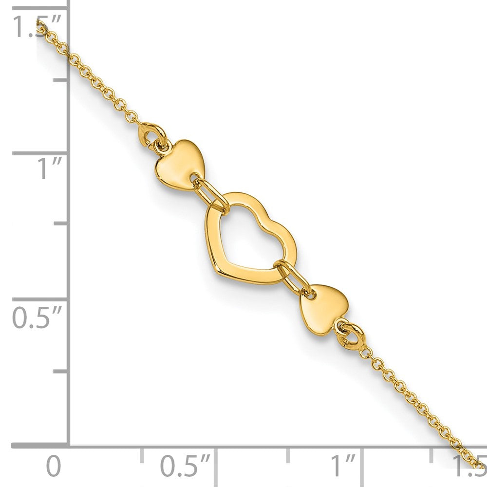 14k Solid Yellow Gold High Polished Heart Charm Adjustable Anklet, 10 to 10.75