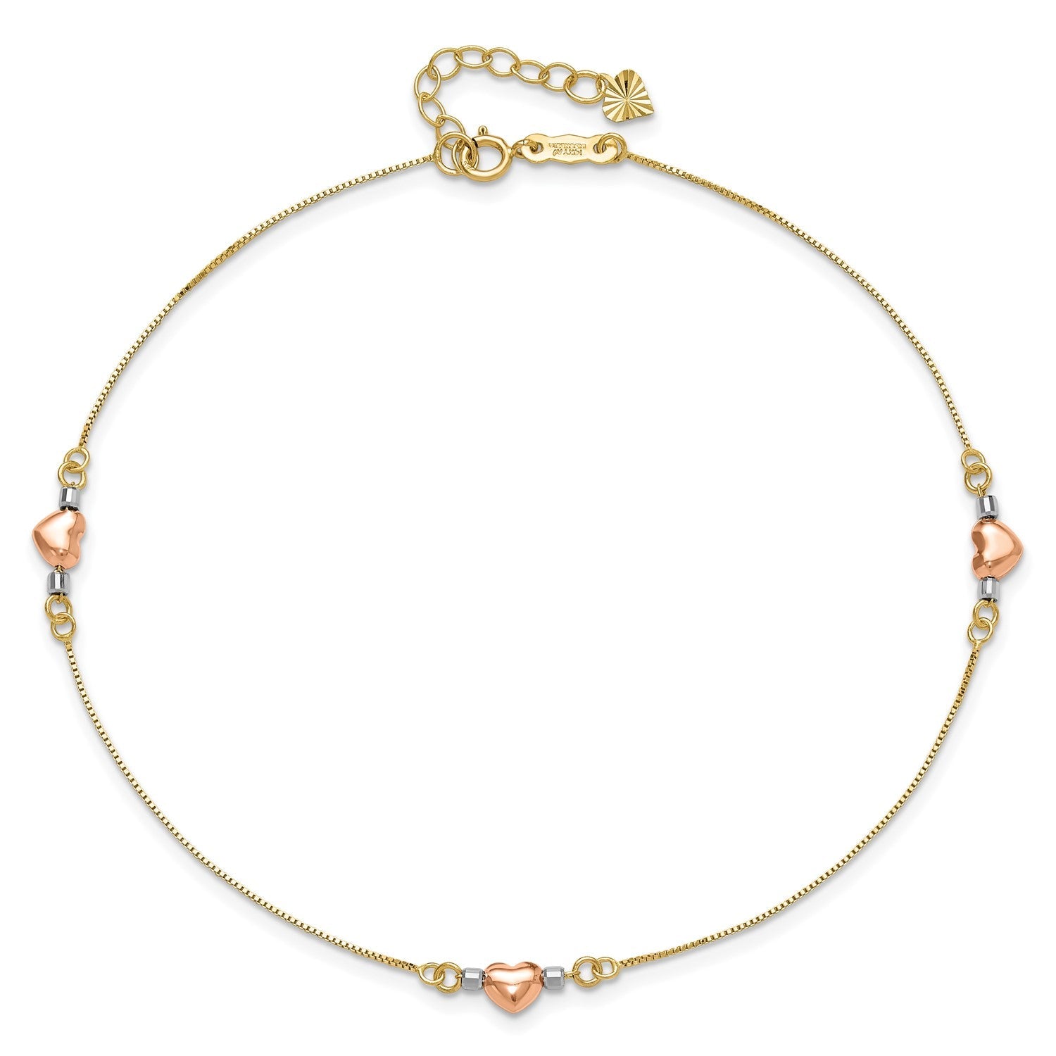 14k Tri-Color Gold Puffed Heart Charms Anklet, Adjustable 9 to 10