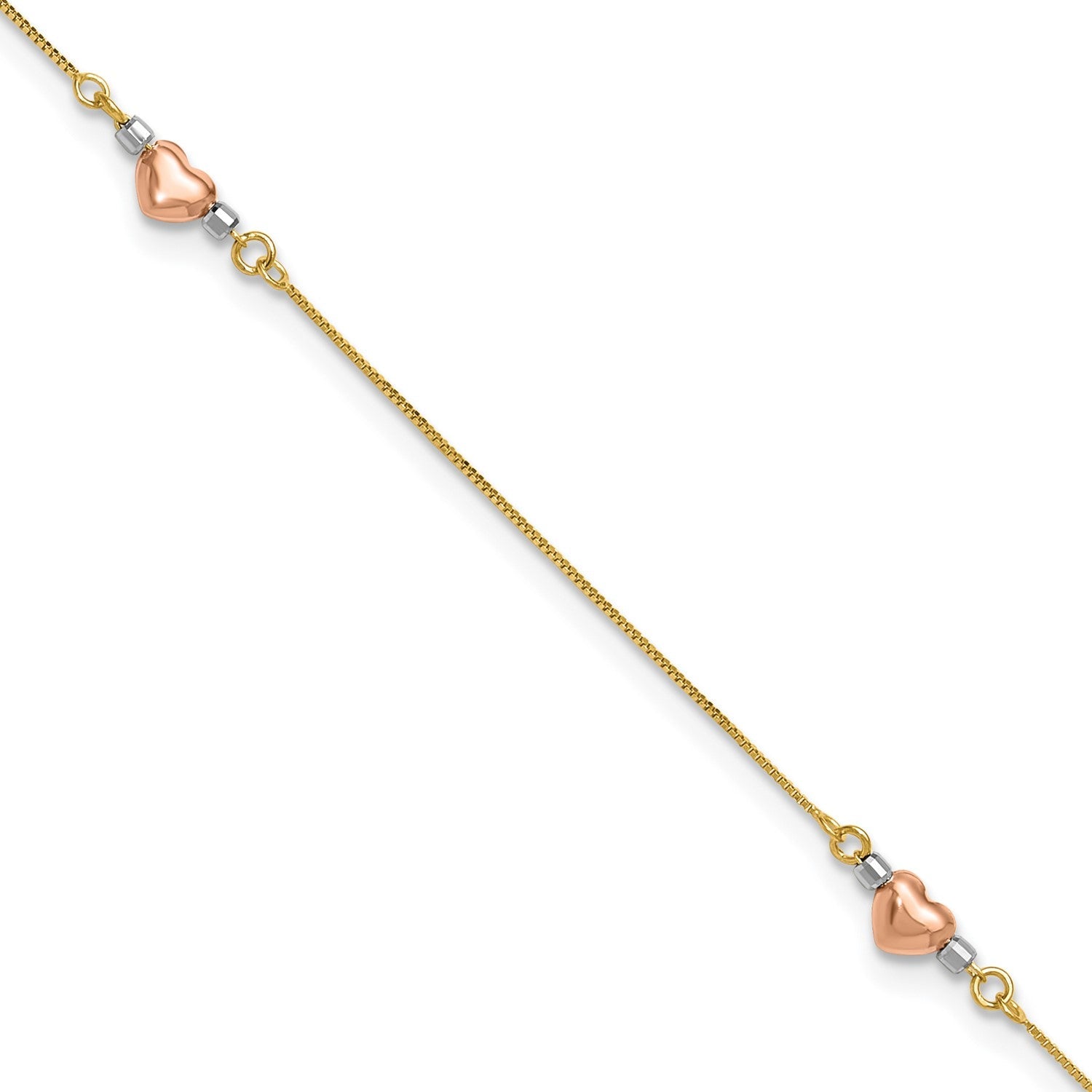 14k Tri-Color Gold Puffed Heart Charms Anklet, Adjustable 9 to 10