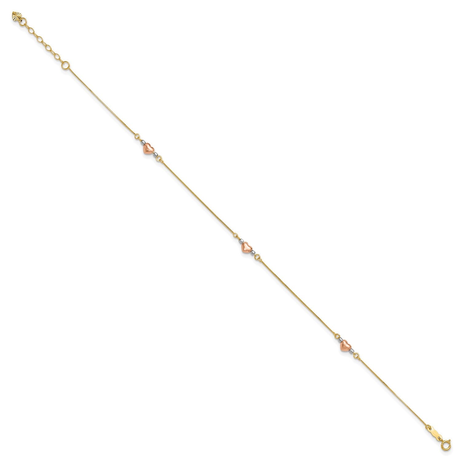 14k Tri-Color Gold Puffed Heart Charms Anklet, Adjustable 9 to 10