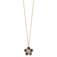 14K Yellow Gold Blue Enamel Flower Pendant Necklace, 16 Inch Chain with 2 Inch Extension