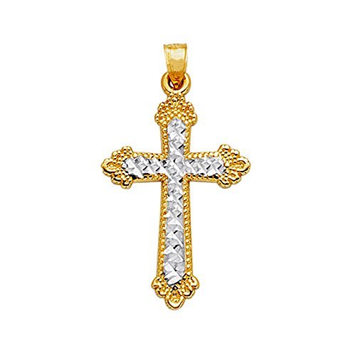 14k 2 Tone Gold Diamond Cut And Milgrain Finish Cross Pendant - JewelryAffairs