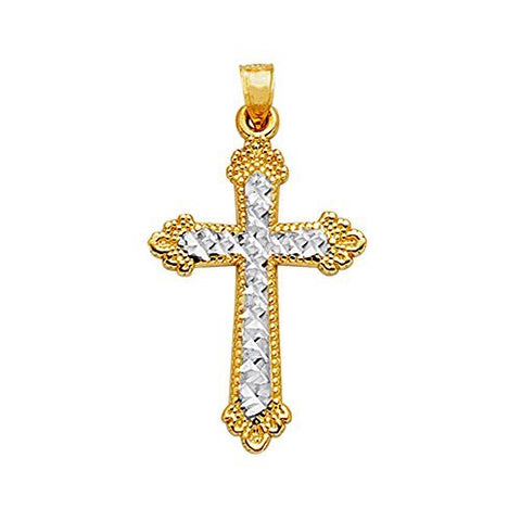 14k 2 Tone Gold Diamond Cut And Milgrain Finish Cross Pendant