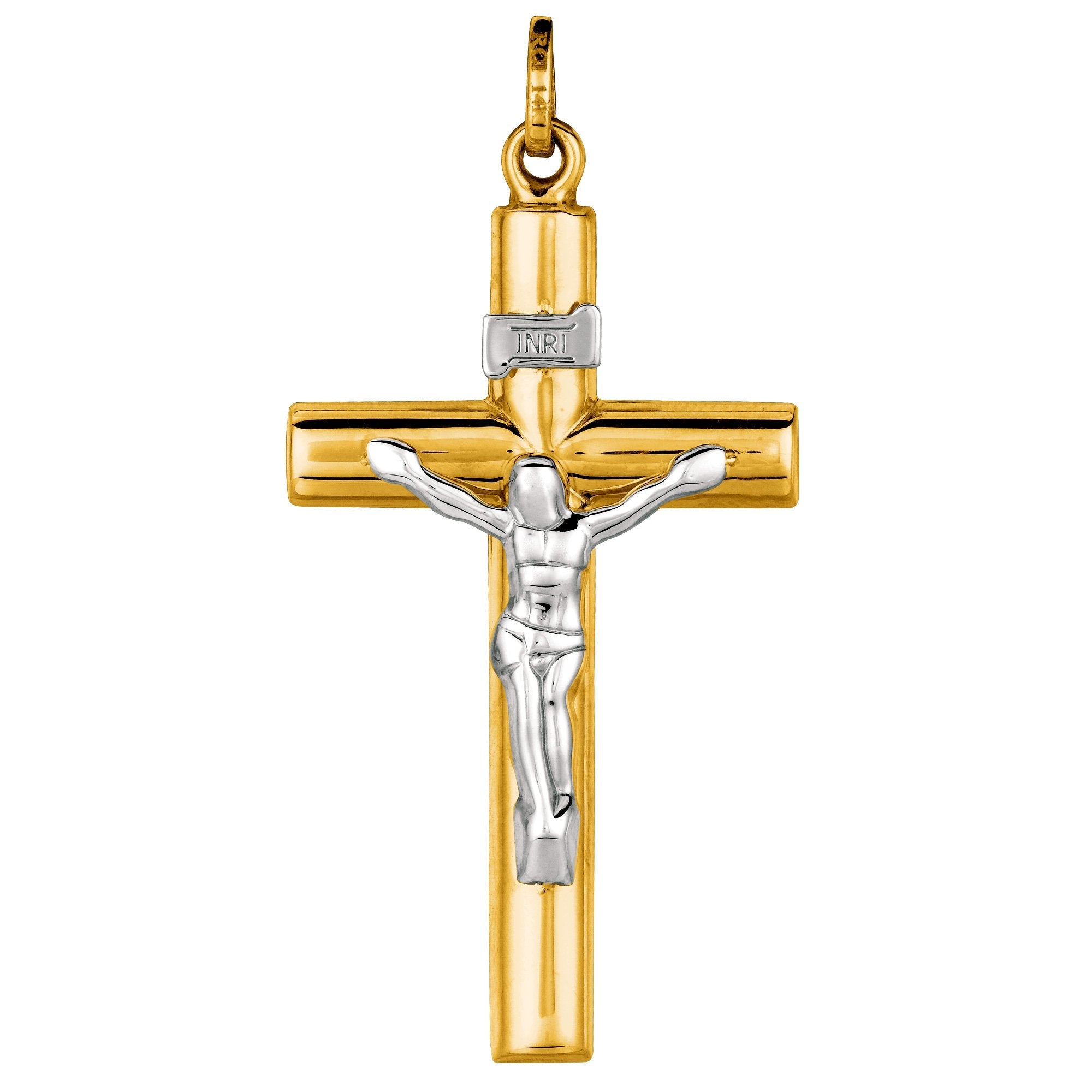 14k 2 Tone Gold Round Tube Crucifix Pendant - JewelryAffairs