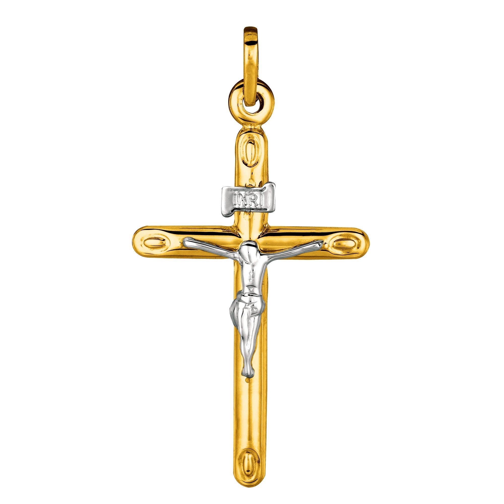 14k 2 Tone Gold Round Tube Crucifix Pendant - JewelryAffairs