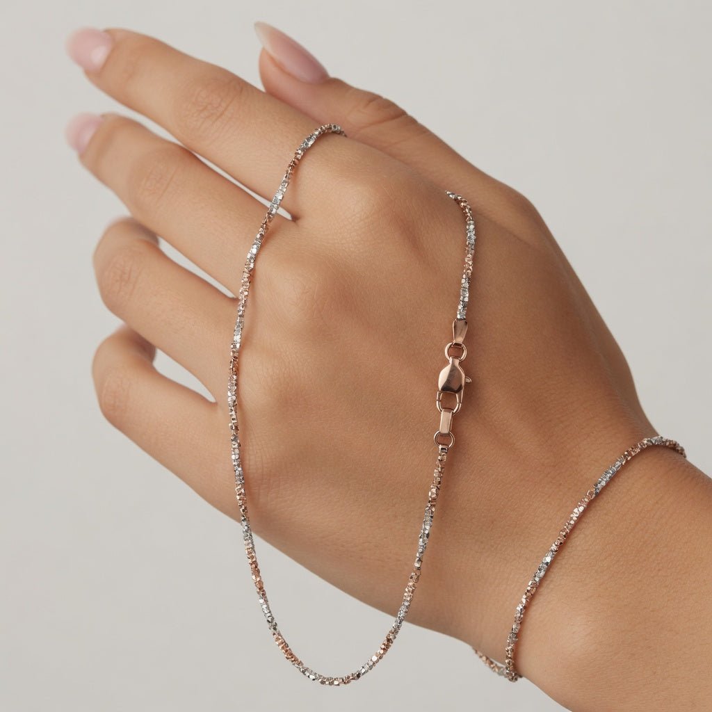 14k 2 Tone Rose And White Gold Sparkle Chain Necklace, 1.5mm - JewelryAffairs