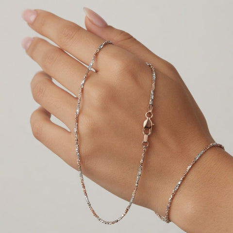 14k 2 Tone Rose And White Gold Sparkle Chain Necklace, 1.5mm