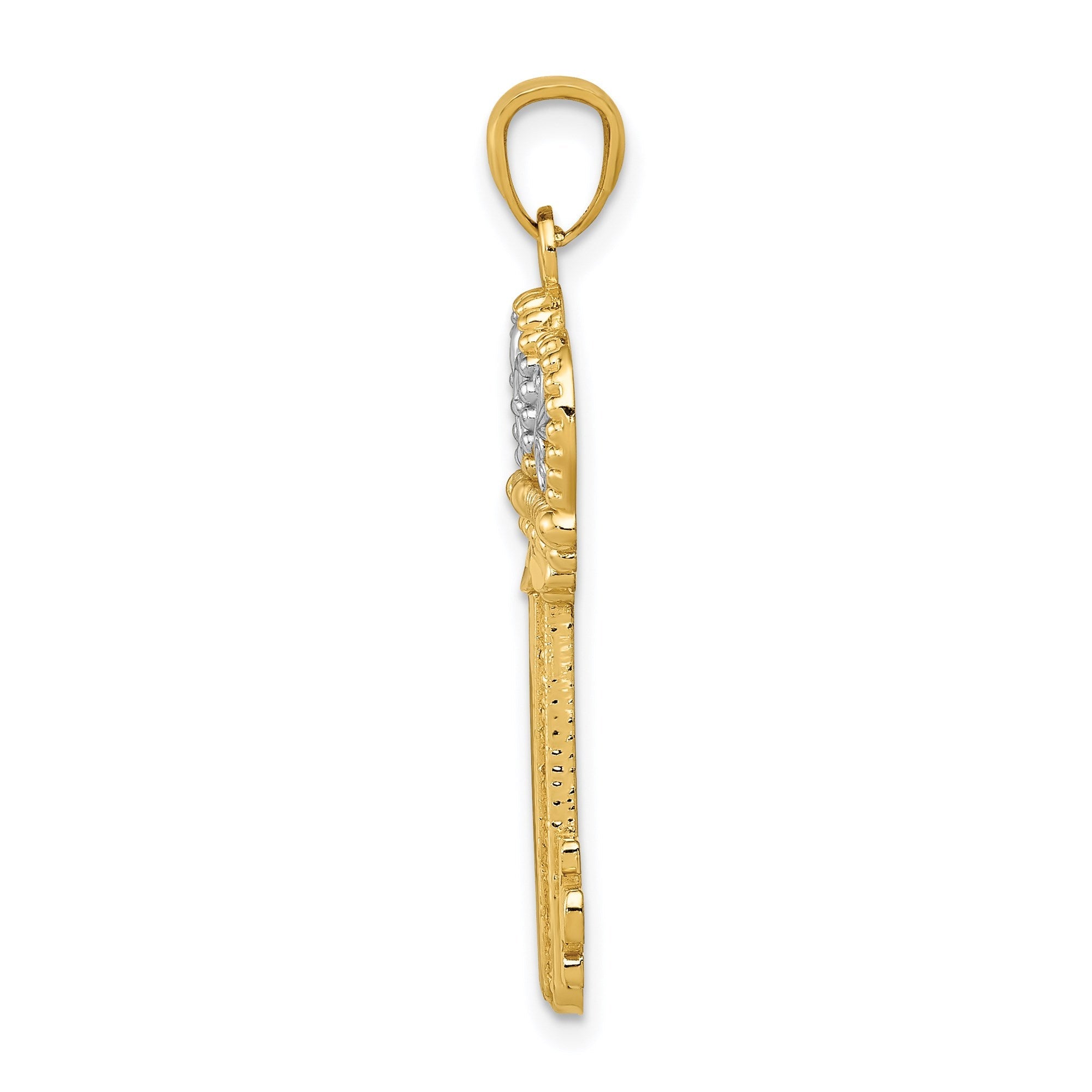 14K and White Gold Fleur De Lis Crown Key Pendant,31x12mm - JewelryAffairs