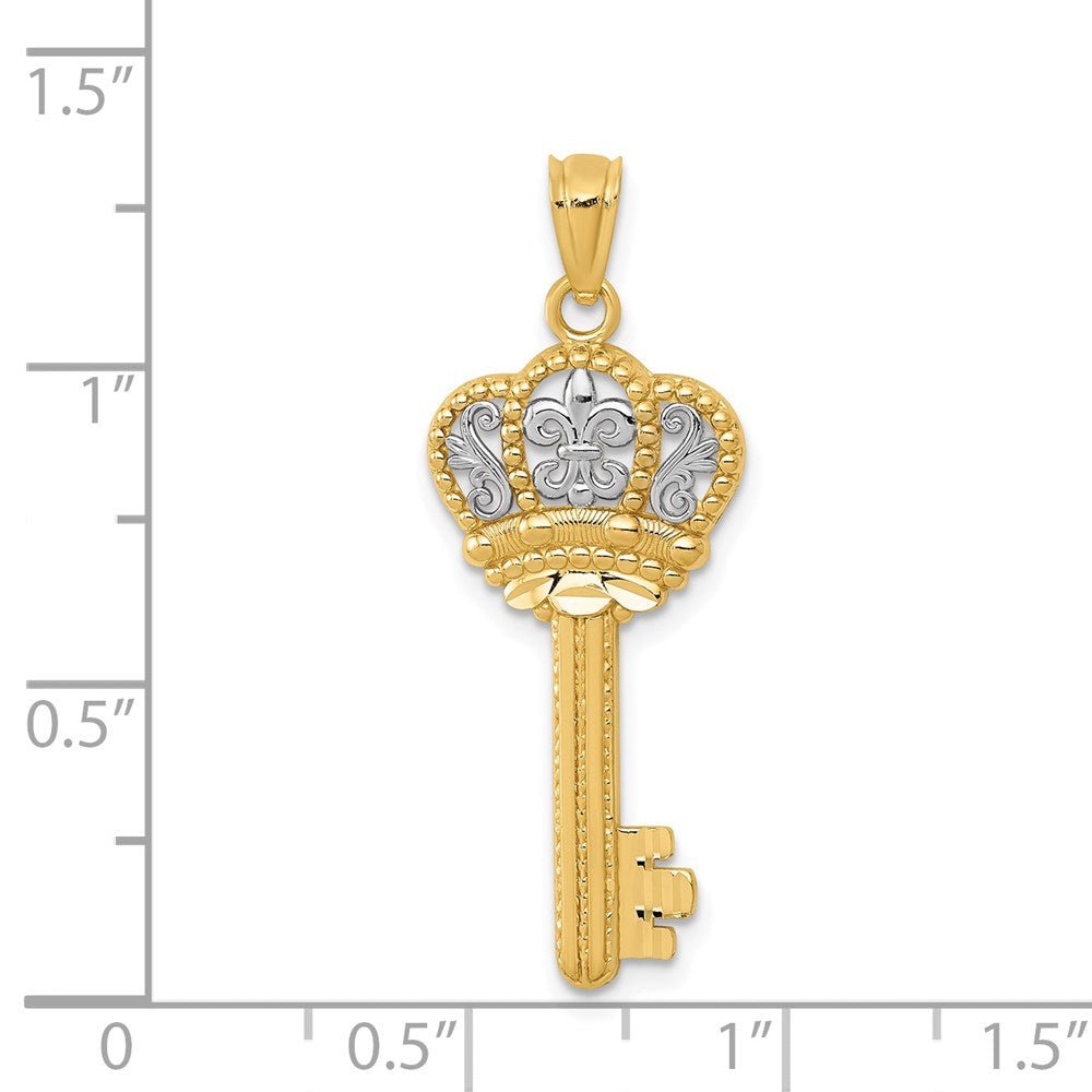 14K and White Gold Fleur De Lis Crown Key Pendant,31x12mm - JewelryAffairs