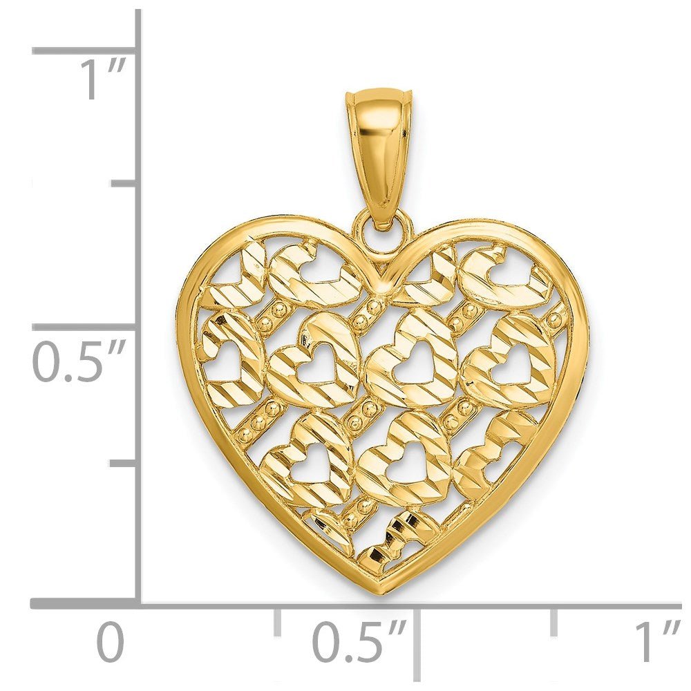 14K Gold Diamond Cut Heart Pattern With Heart Charms, 23x20mm - JewelryAffairs