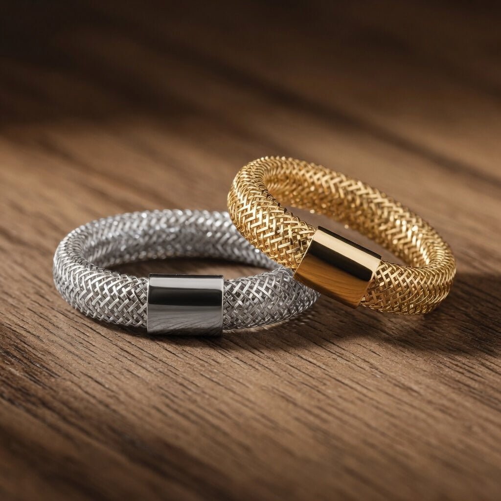 14K Gold High Polished Mesh Stretch Adjustable Band Ring - JewelryAffairs