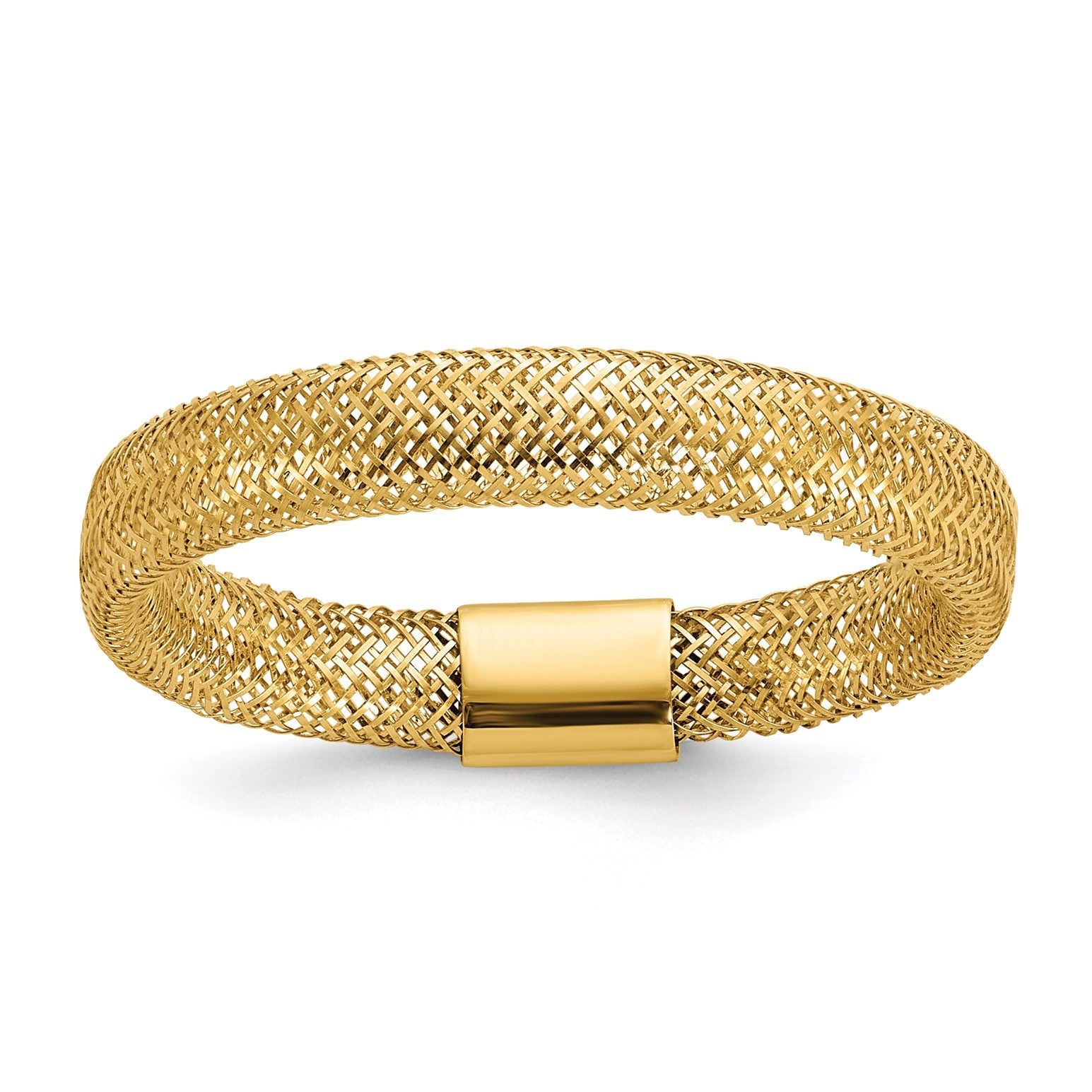 14K Gold High Polished Mesh Stretch Adjustable Band Ring - JewelryAffairs