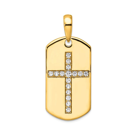 14k Gold Lab Grown Diamond Men's Cross Dog Tag Pendant