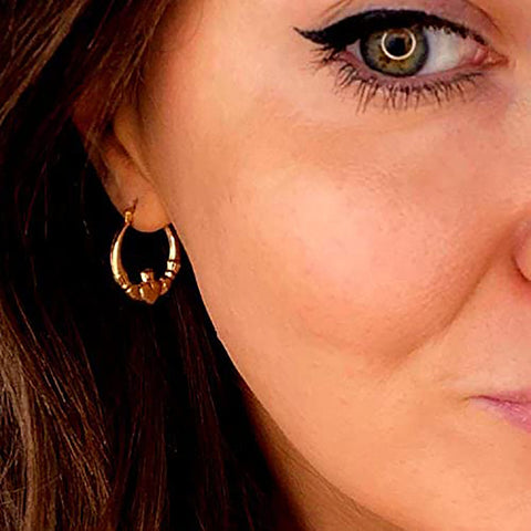 14k Gold Shiny Claddagh Design Hoop Earrings, Diameter 20mm