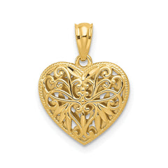 14K Gold Two - Tone Diamond Cut Heart Pendant, Reversible Filigree Design, 18x14mm - JewelryAffairs