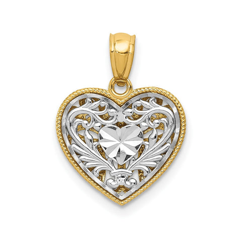 14K Gold Two-Tone Diamond Cut Heart Pendant, Reversible Filigree Design, 18x14mm