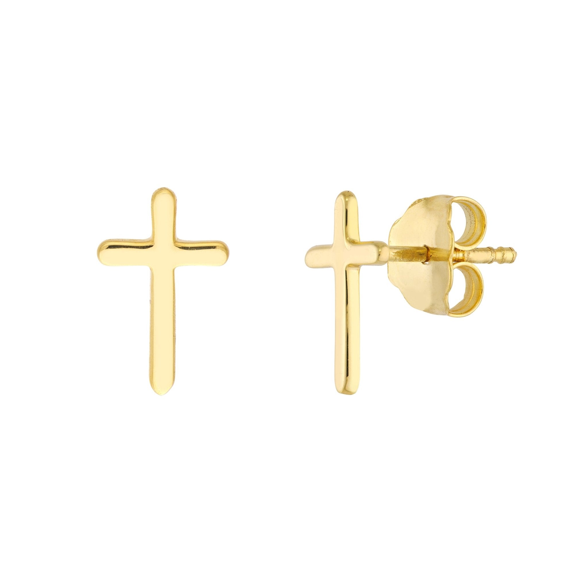 14K Real Gold Cross Design Stud Earrings 10mm