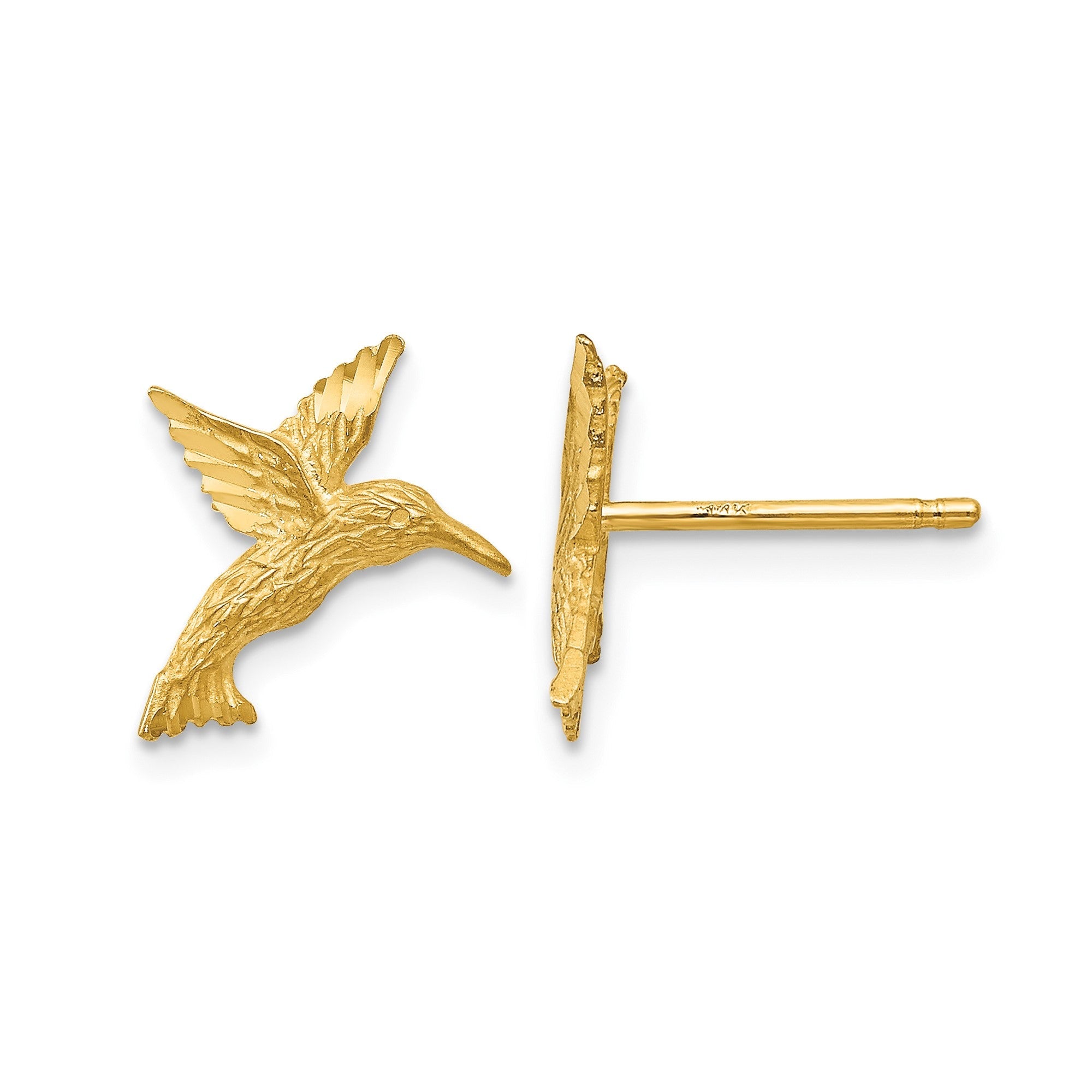 14k Real Gold Hummingbird Stud Earrings, 14mm - JewelryAffairs