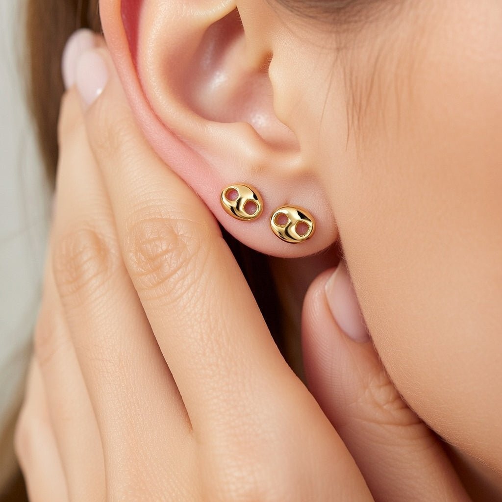 14K Real Gold Mariner Link Button Stud Earrings - JewelryAffairs
