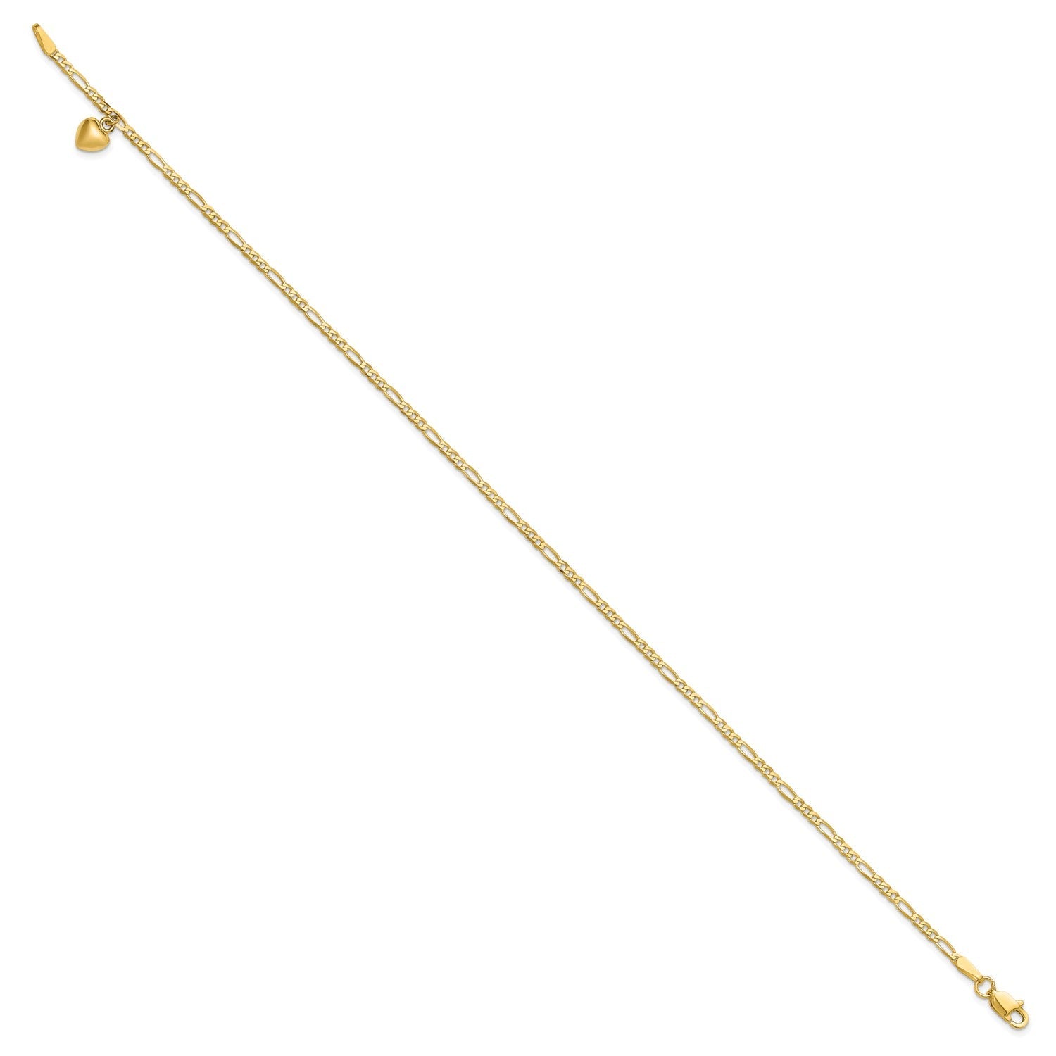 14K Real Solid Gold Figaro Link Chain Anklet with Dangling Heart Charm - JewelryAffairs