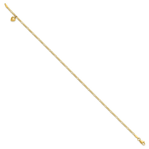14K Real Solid Gold Figaro Link Chain Anklet with Dangling Heart Charm